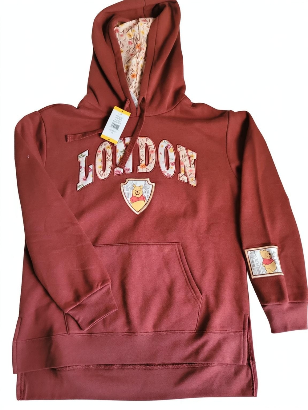 Women's Crewneck Hoodie Sweater - Brick Red with Floral Appliqué